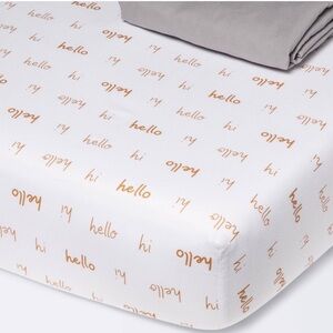 NWT Cloud Island Fitted Crib Sheet Gold White Hello Hi Print Unisex 2PK